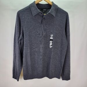NWT Murano Long Sleeve Polo 100% x fine Merino Wool Heather Gray Size Med Mens